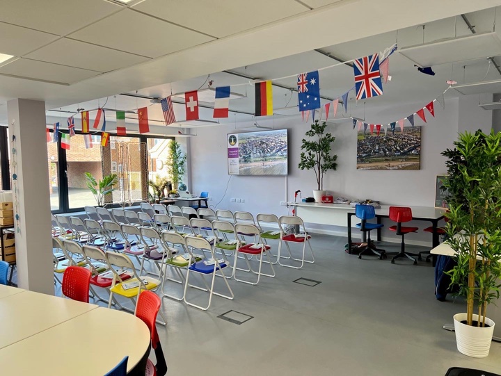 Classroom with flags in The Old Hospital
